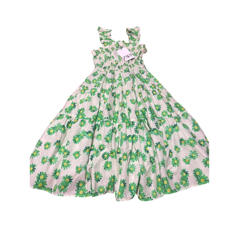 Zara 10 bright green cream floral daisy flower maxi dress all cotton dress nwt